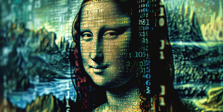 Mona Lisa neu interpretiert als eine Verschmelzung von klassischer Kunst und digitalem Zeitalter. Auf dem Gesicht von der Mona Lisa sind Zahlen- und Buchstabenfragmente zu erkennen, die wie Teile von Softwarecode aussehen.