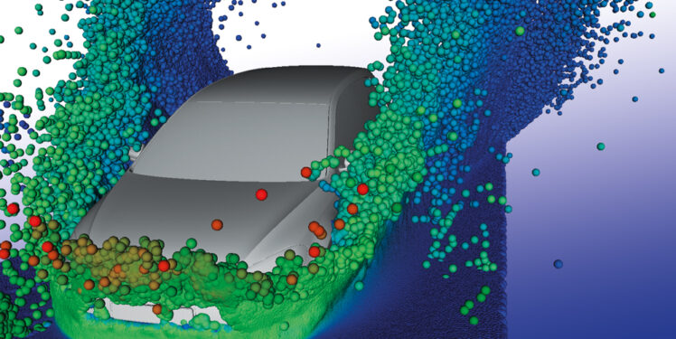 Das Bild zeigt die Visualisierung einer Simulation eines Autos, das durch verschieden farbige Partikel fährt.